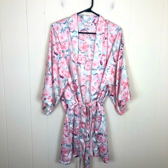 Floral Print Belted Satin Robe Sz S/M - Picture 2 of 9